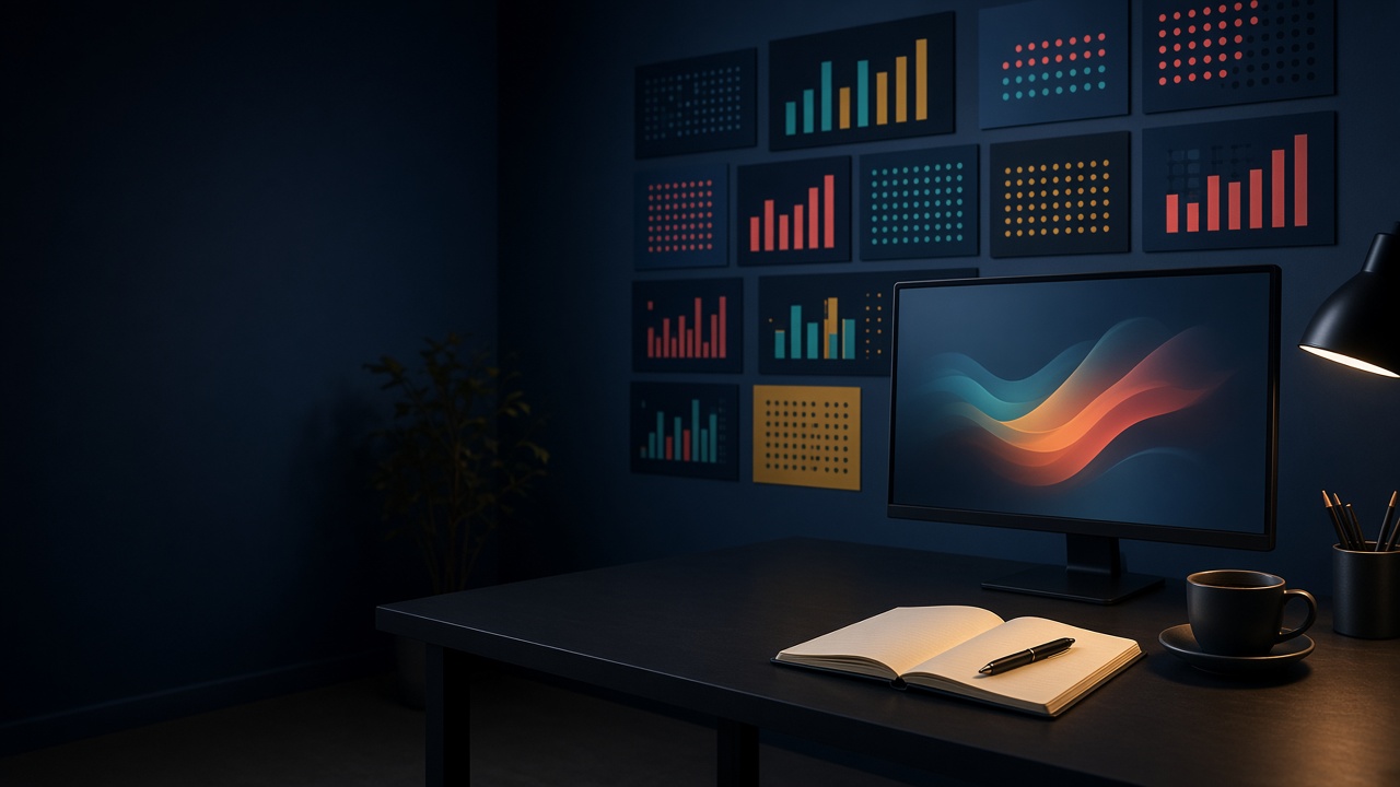 A desk facing a wall of colorful campaign charts