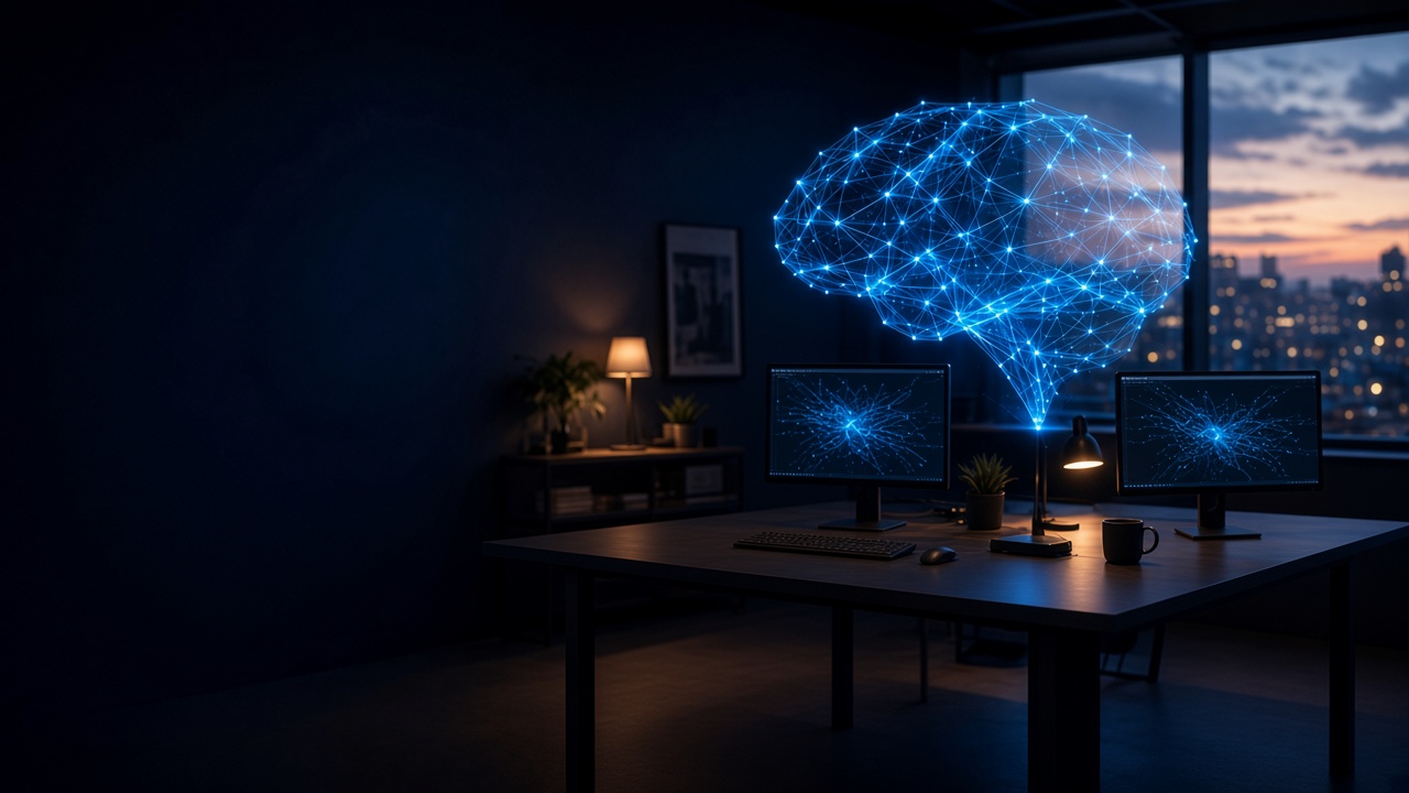 An empty desk beneath a glowing network shaped like a brain