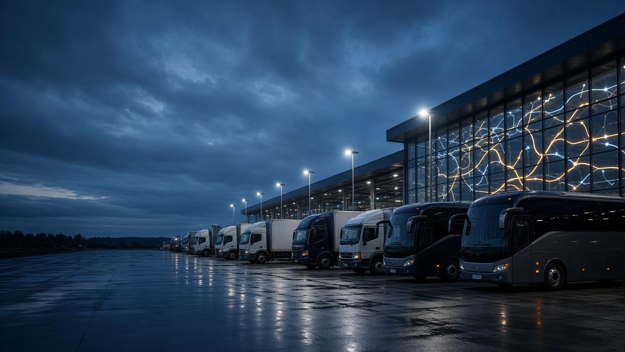 Coaches and trucks beside a glowing route display at dusk