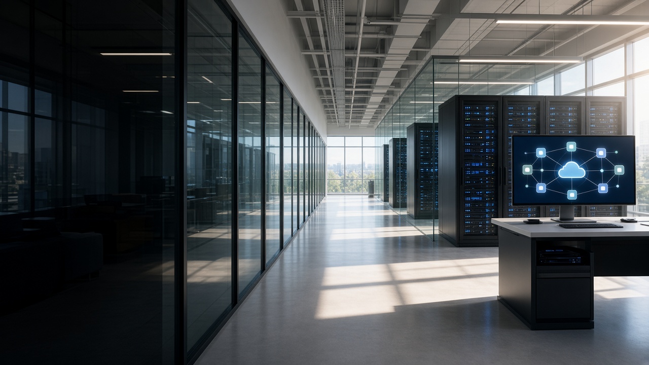 A sunlit server hall with a cloud diagram on a console