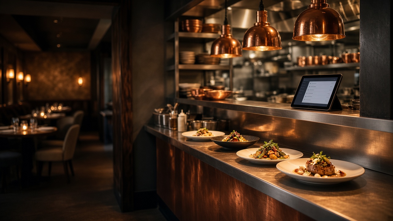 Plated dishes and a kitchen tablet on a restaurant pass