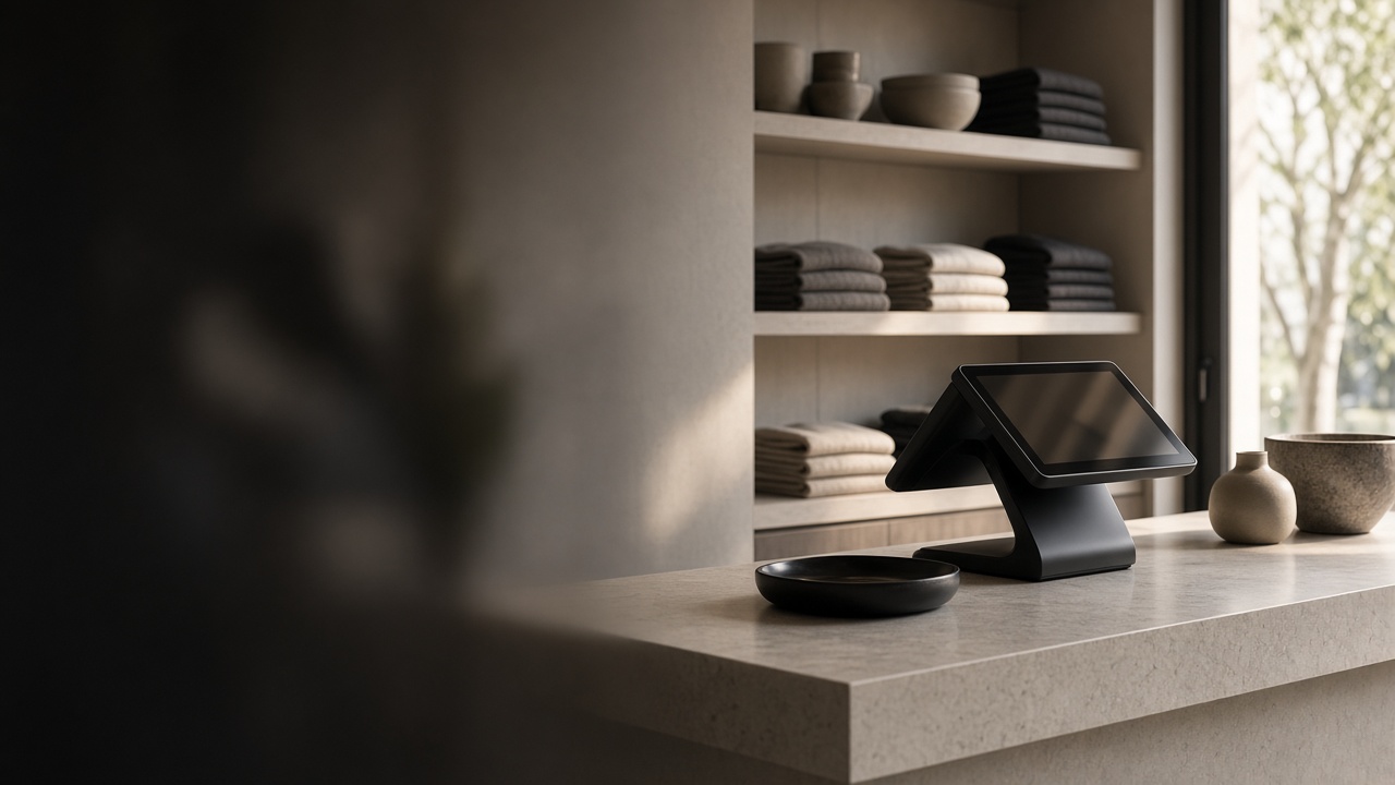 A touchscreen point-of-sale terminal on a boutique counter