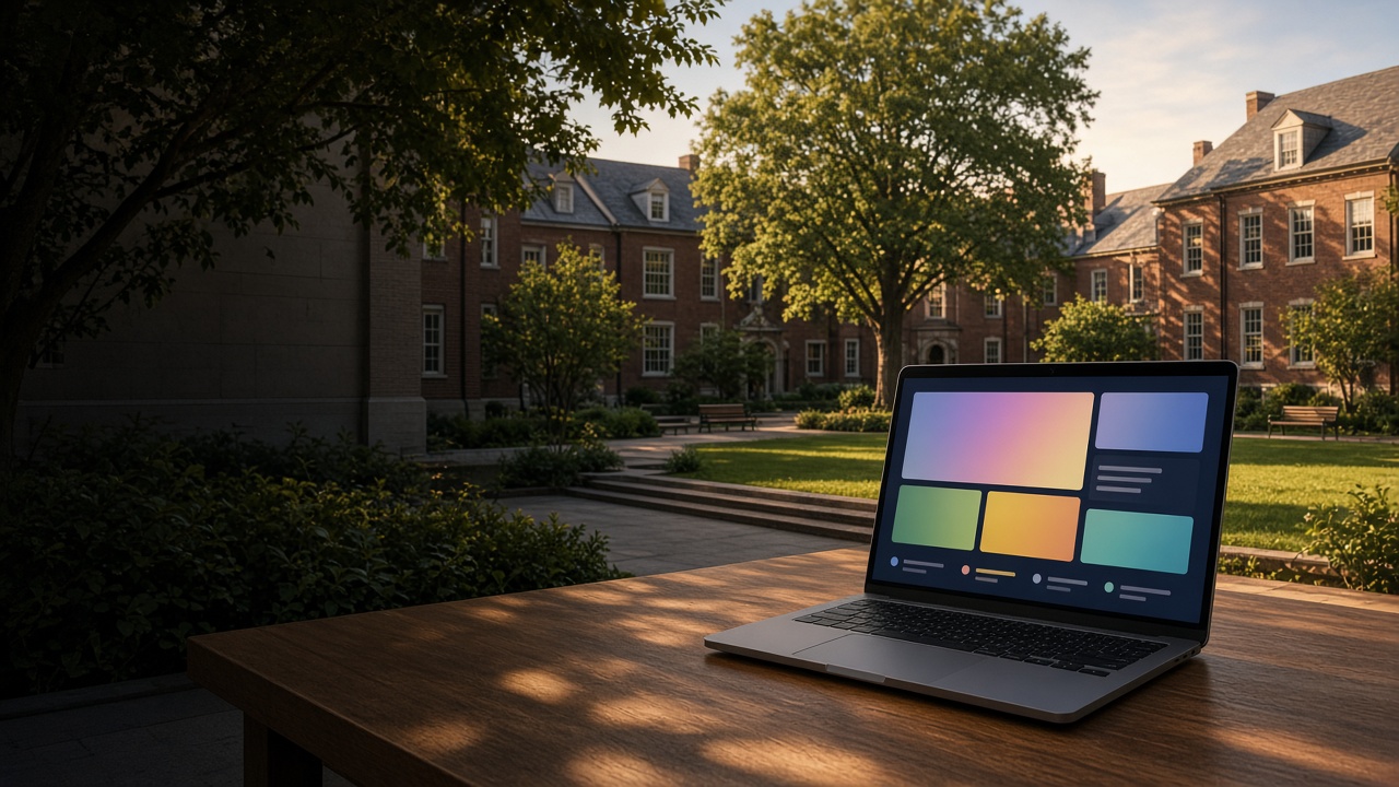 A laptop on a table overlooking a school courtyard